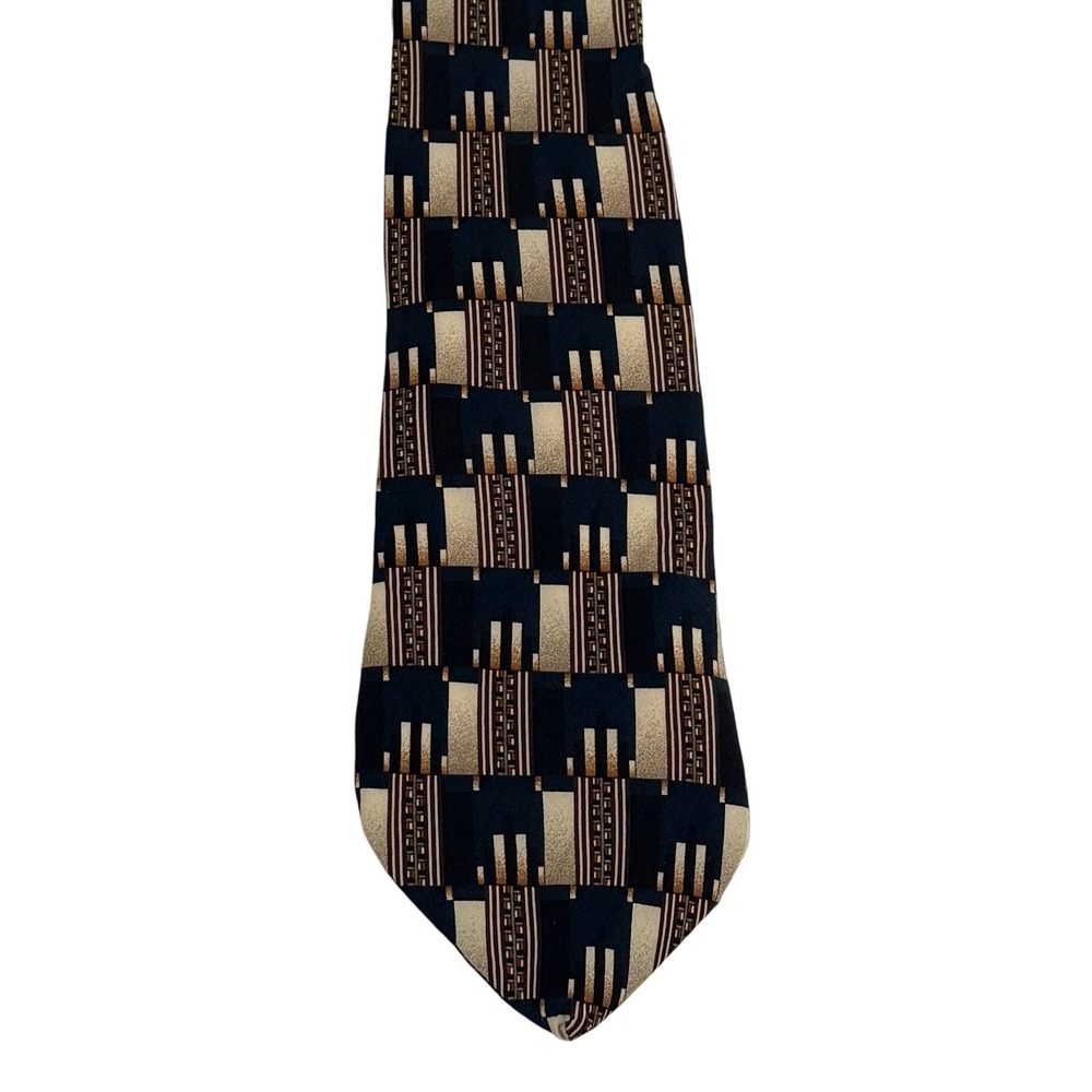Vintage Conte di Milano Geometric Silk Necktie Navy Gold Burgundy Men's Tie